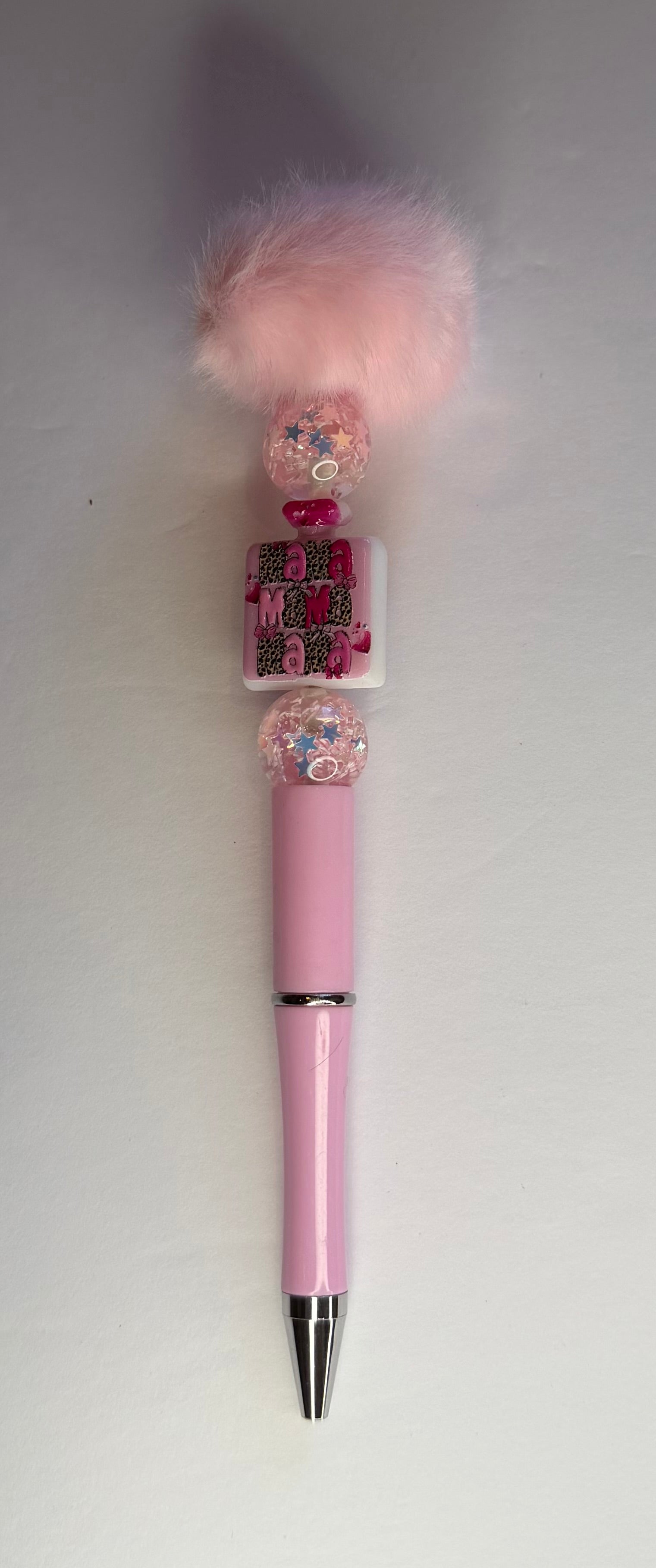 Pink pom pom Mama beaded pen with crystal beads and rhinestone charm