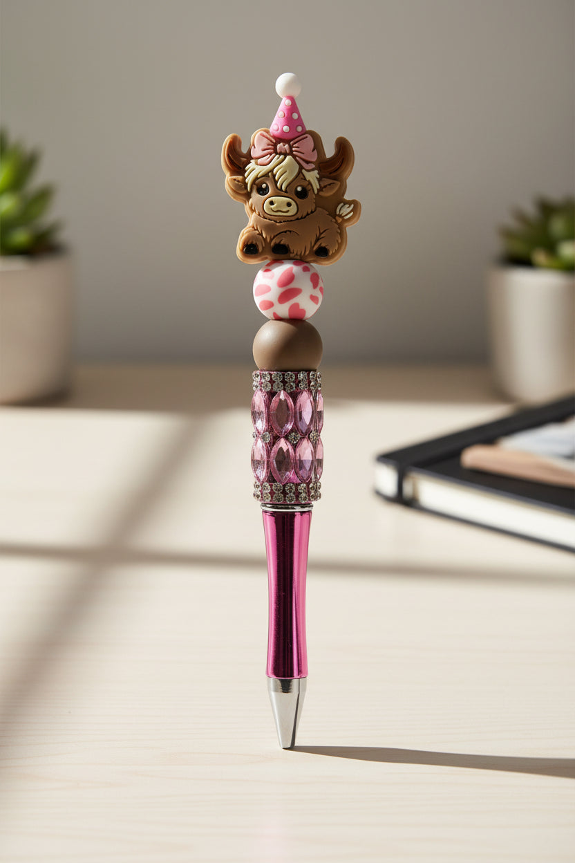 Highland cow purple rhinestone beaded pen with metallic pink barrel