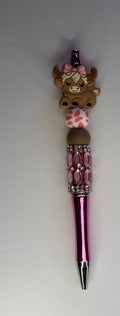 Highland cow purple rhinestone beaded pen with metallic pink barrel