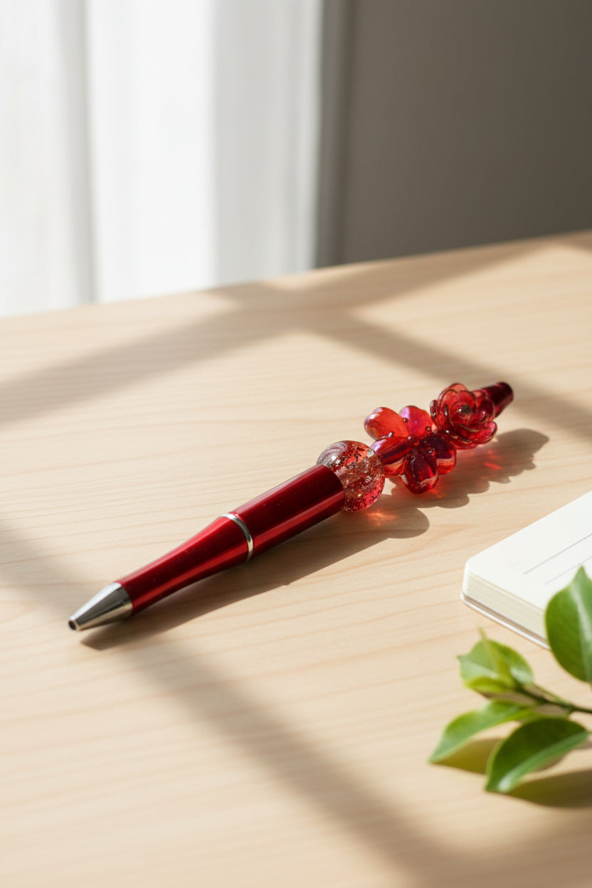 Red rose glitter beaded pen with gold-flecked globe bead and metallic red barrel
