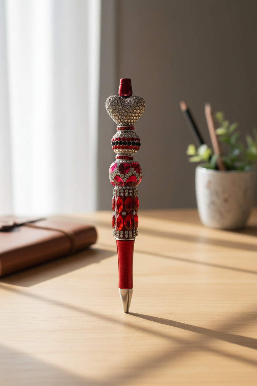 Red glitter beadable pen with rhinestone and jeweled beads
