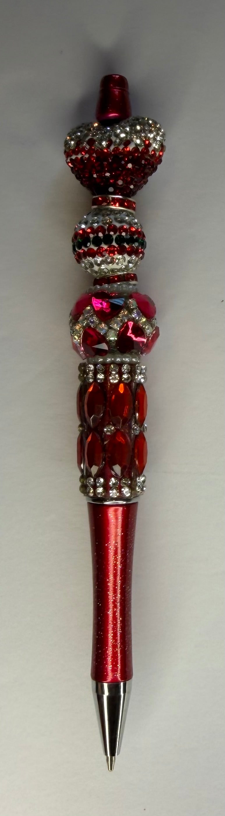 Red heart rhinestone glam beaded pen with stacked jewel beads and metallic red glitter barrel