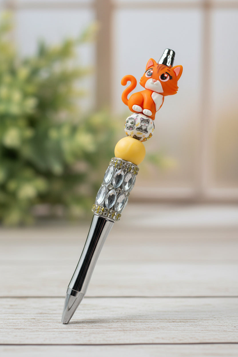 Halloween cat silver rhinestone beaded pen with orange tabby cat wearing witch hat topper