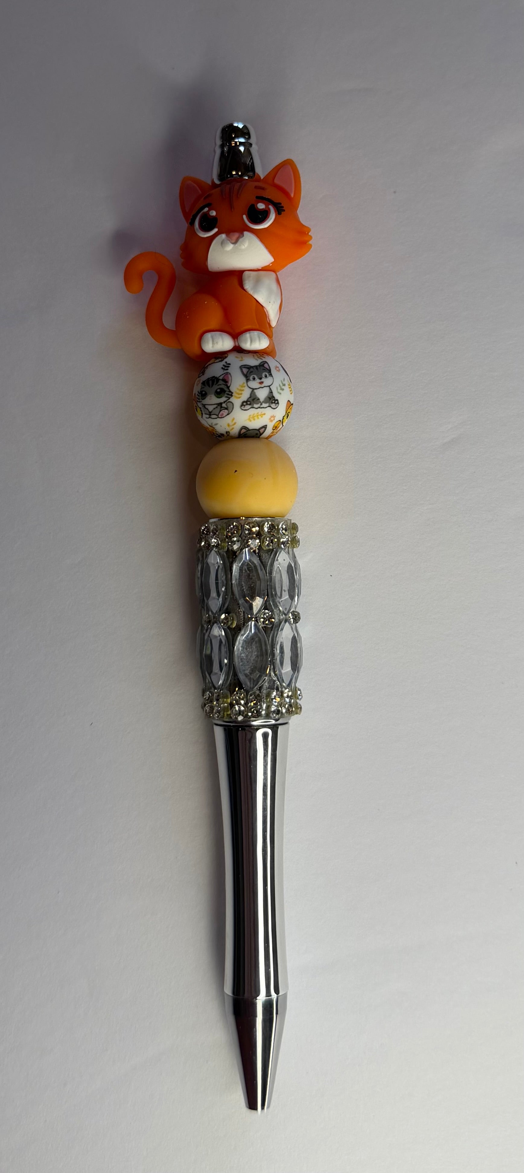 Halloween cat silver rhinestone beaded pen with orange tabby cat wearing witch hat topper