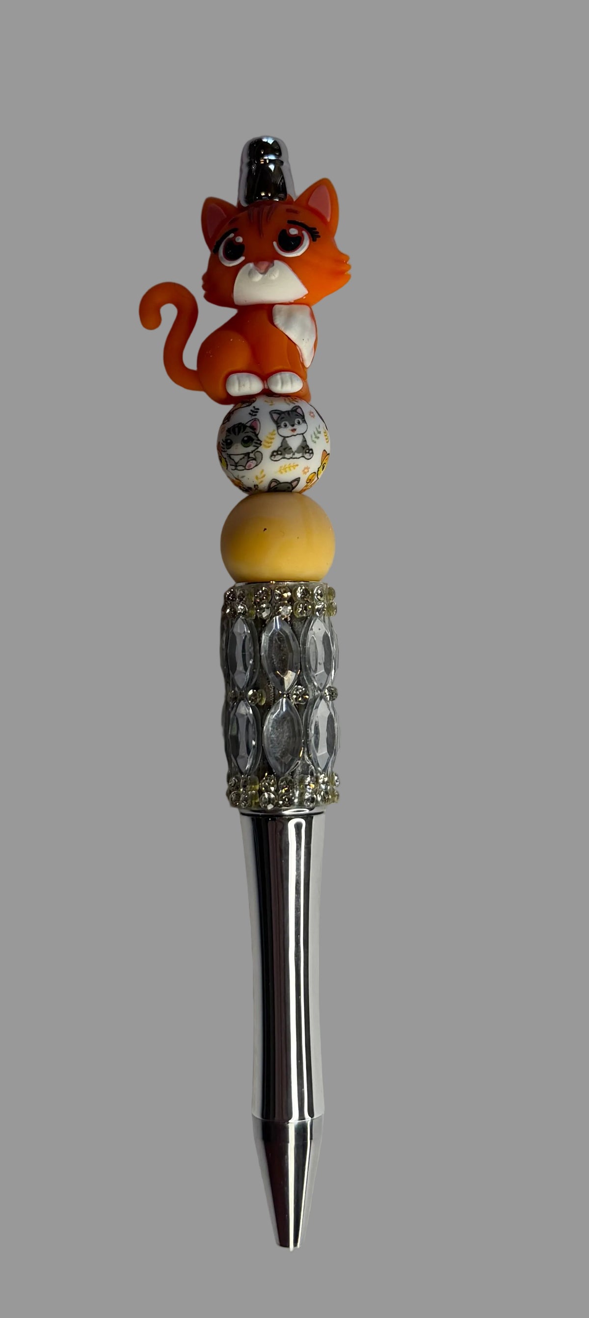 Orange Tabby Cat Silver Rhinestone Beaded Pen