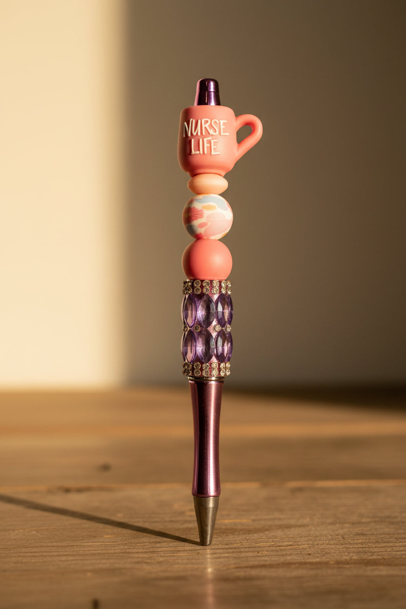 Nurse Life beaded pen with coffee mug charm topper and purple rhinestone barrel