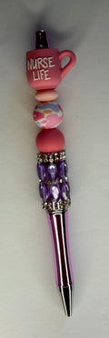 Nurse Life beaded pen with coffee mug charm topper and purple rhinestone barrel