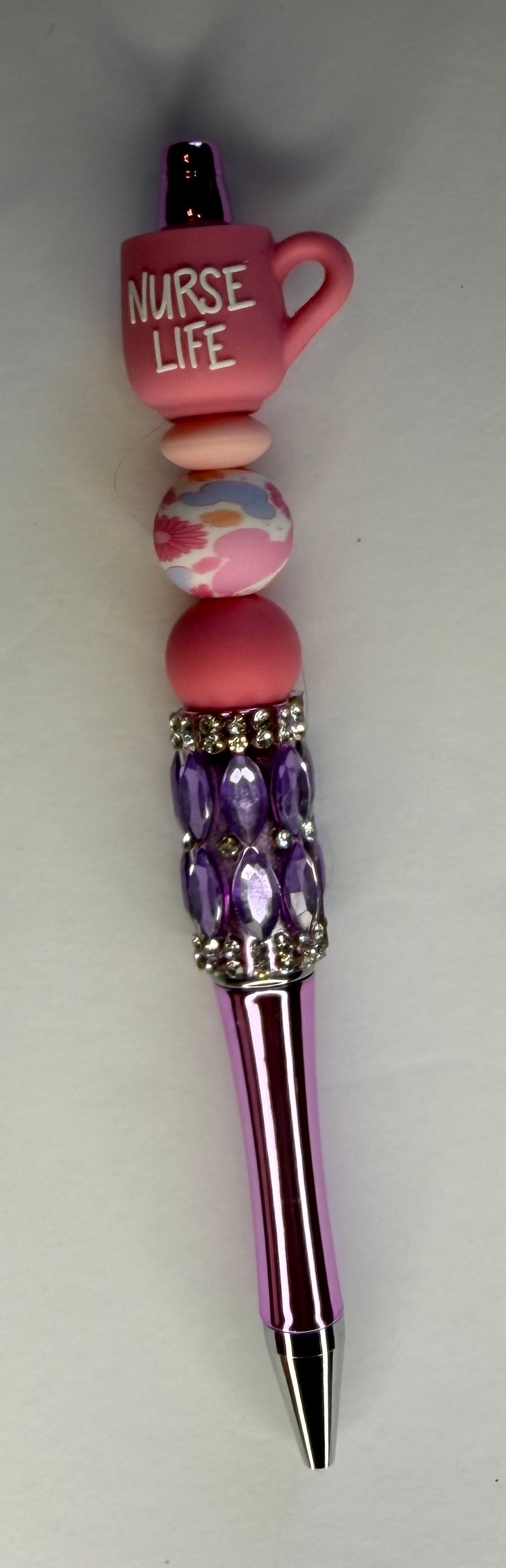 Nurse Life beaded pen with coffee mug charm topper and purple rhinestone barrel