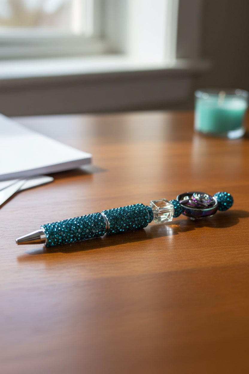Black rose teal glitter beaded pen with rhinestone barrel