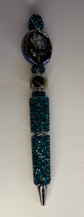 Black rose teal glitter beaded pen with rhinestone barrel