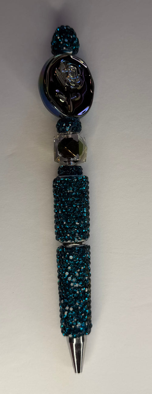 Black rose teal glitter beaded pen with rhinestone barrel