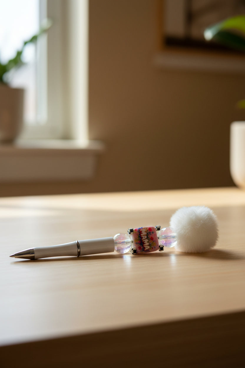 White pom pom Mama beaded pen with crystal beads and floral Mama charm on white barrel