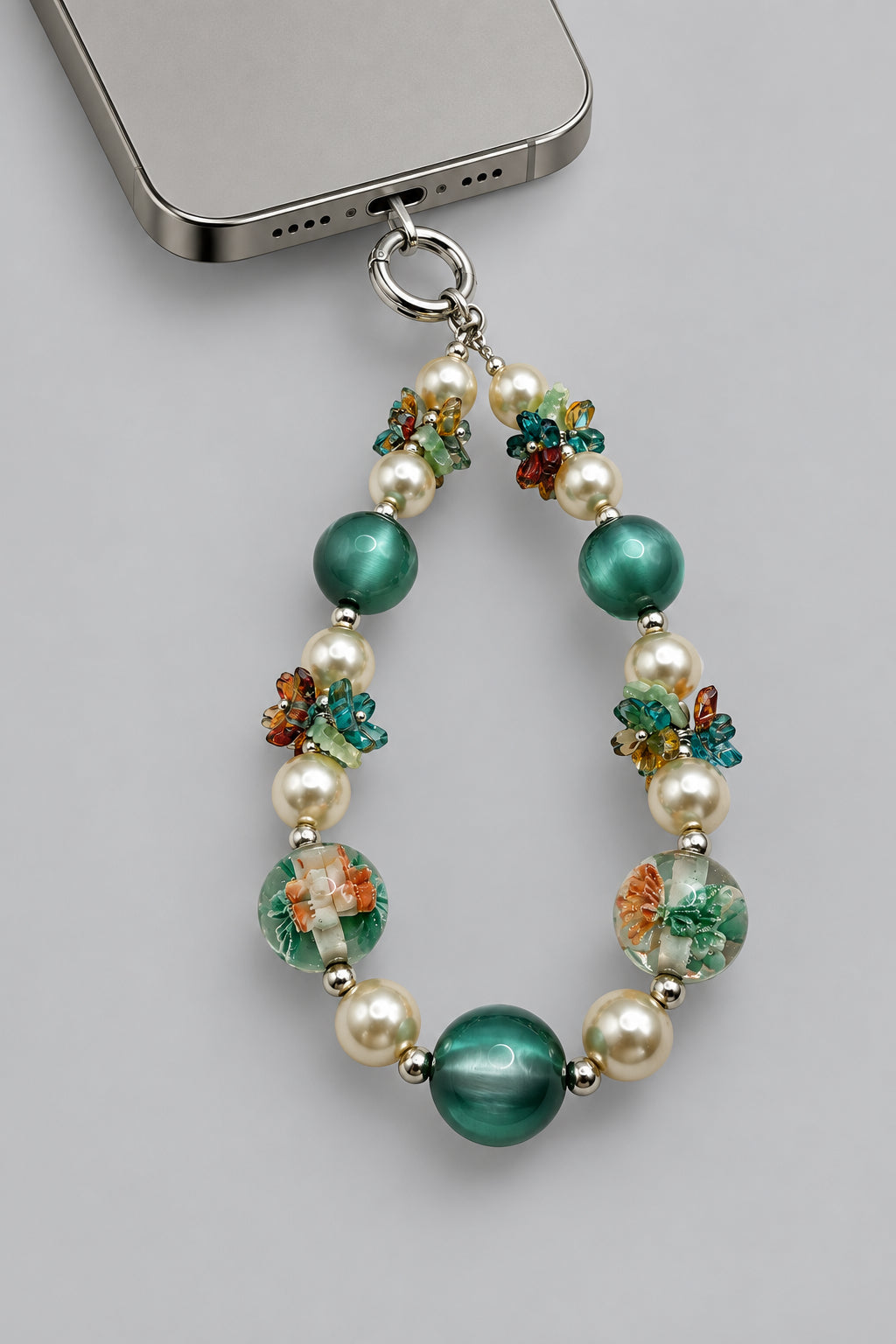 Teal & Pearl Beaded Phone Wristlet with Floral Glass & Butterfly Crystal Clusters