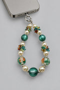 Teal & Pearl Beaded Phone Wristlet with Floral Glass & Butterfly Crystal Clusters
