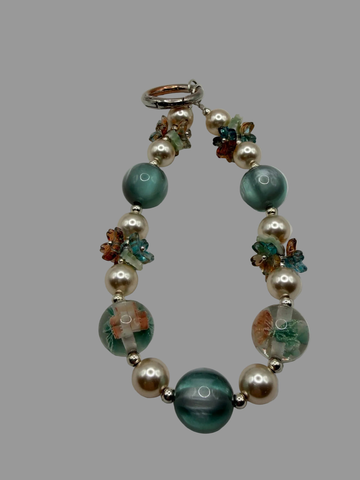 Teal & Pearl Beaded Phone Wristlet with Floral Glass & Butterfly Crystal Clusters