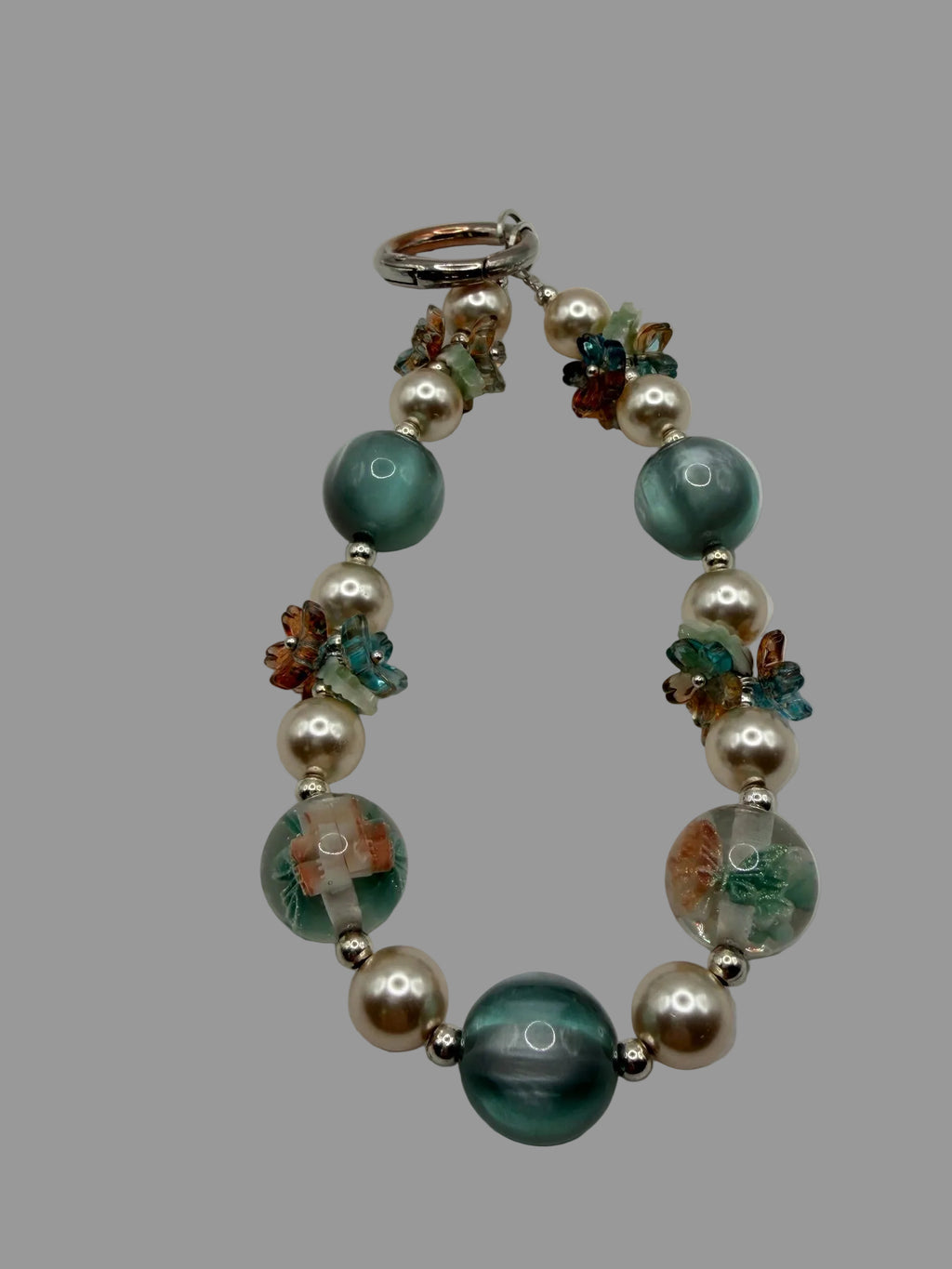 Teal & Pearl Beaded Phone Wristlet with Floral Glass & Butterfly Crystal Clusters