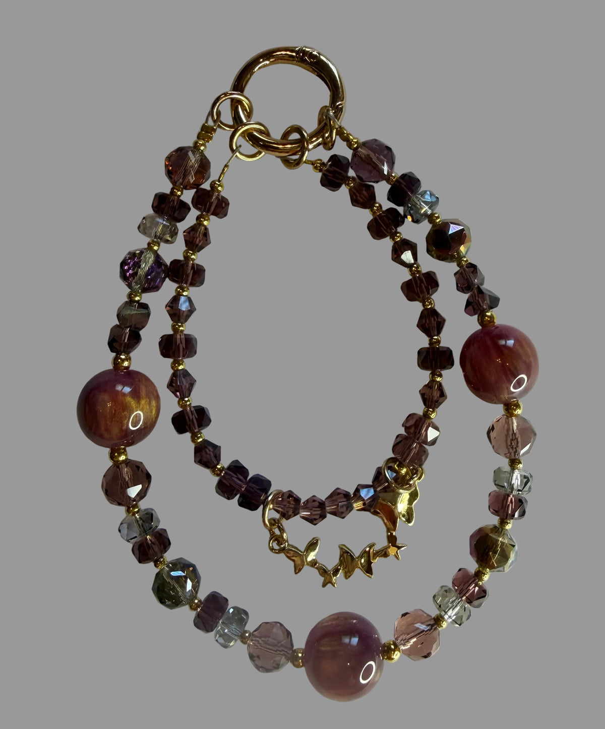 Brown Marble & Crystal Double-Strand Phone Wristlet