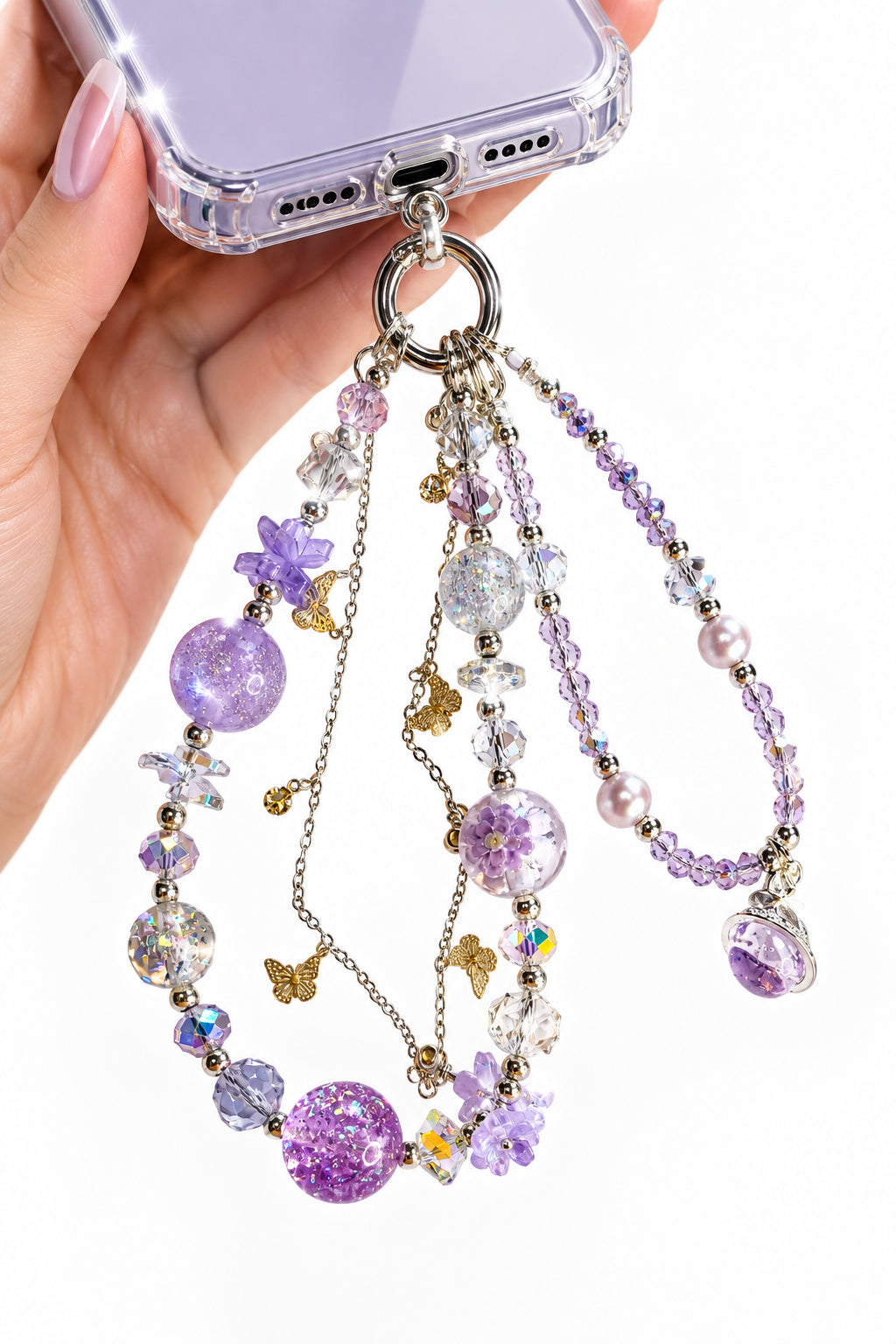 Purple butterfly crystal multi-strand phone wristlet with gold butterfly charms and silver ring clasp