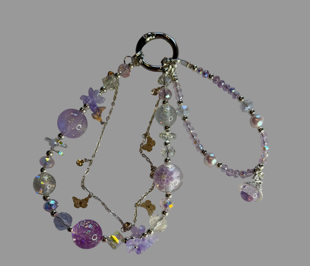 Purple Butterfly Crystal Multi-Strand Phone Wristlet