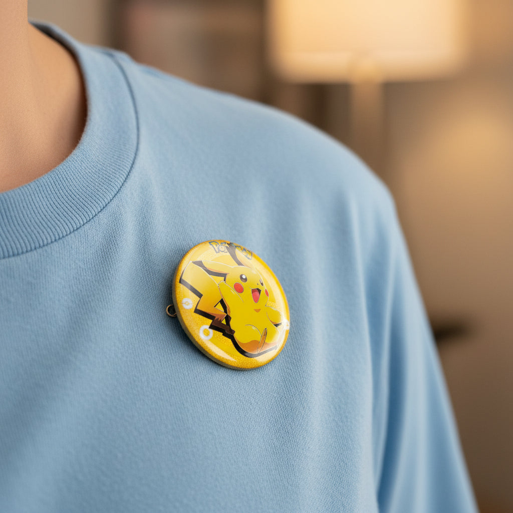 Pokémon Pikachu button pin and matching collectible card set on white background