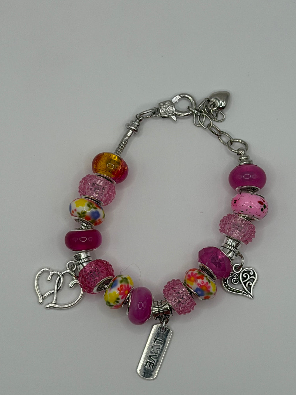 Pink Pandora-Style Love Heart Charm Bracelet
