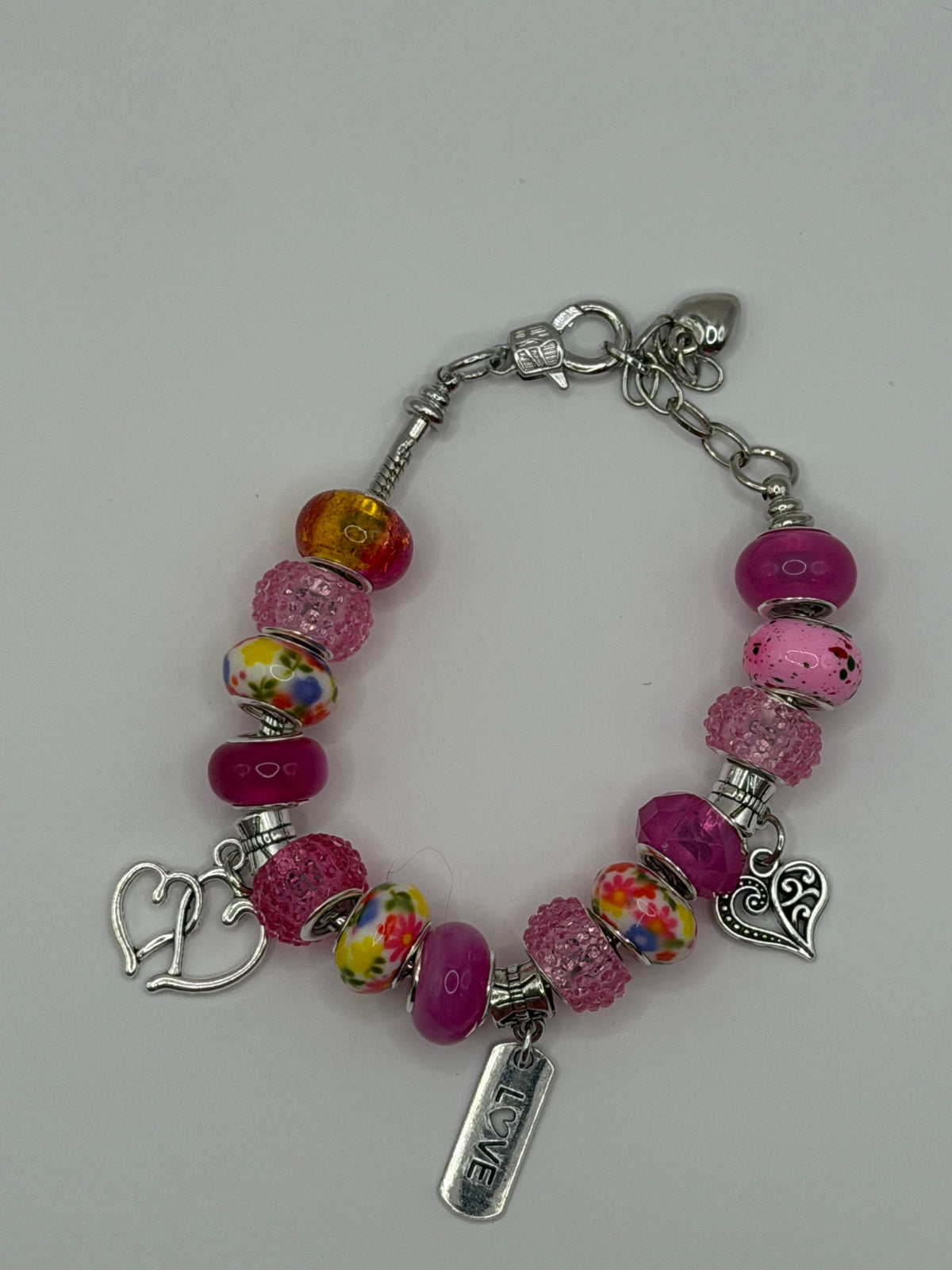 Pink Pandora-Style Love Heart Charm Bracelet