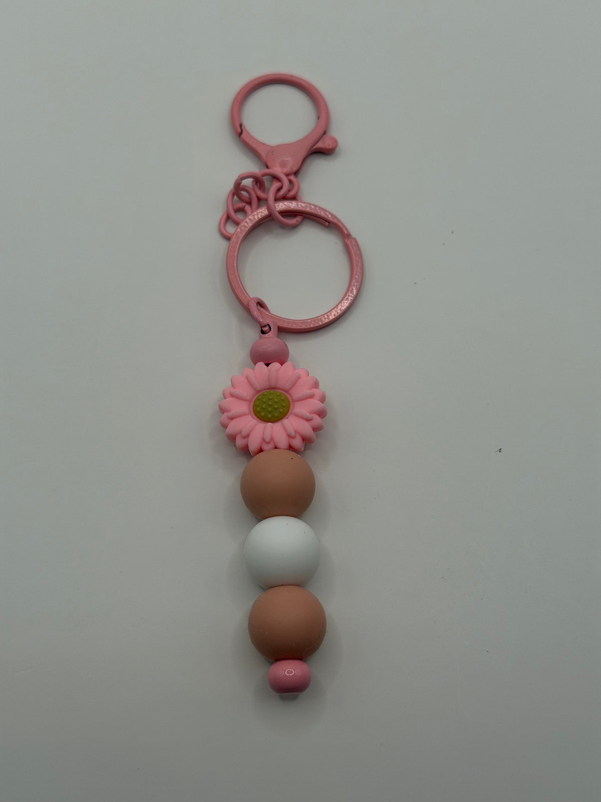 Pink Daisy Tan Silicone Beaded Keychain