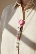 Hot pink Minnie Mouse beaded badge reel lanyard with pearl and iridescent beads