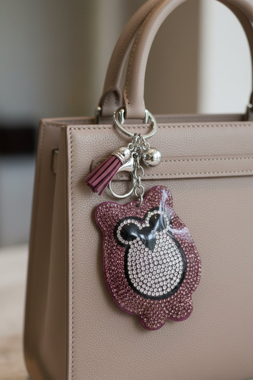Pink rhinestone owl keychain with clear crystal belly and pink tassel
