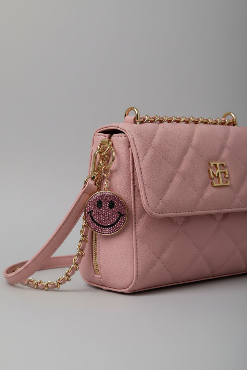 Pink rhinestone smiley face keychain with gold lobster clasp