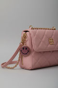 Pink rhinestone smiley face keychain with gold lobster clasp