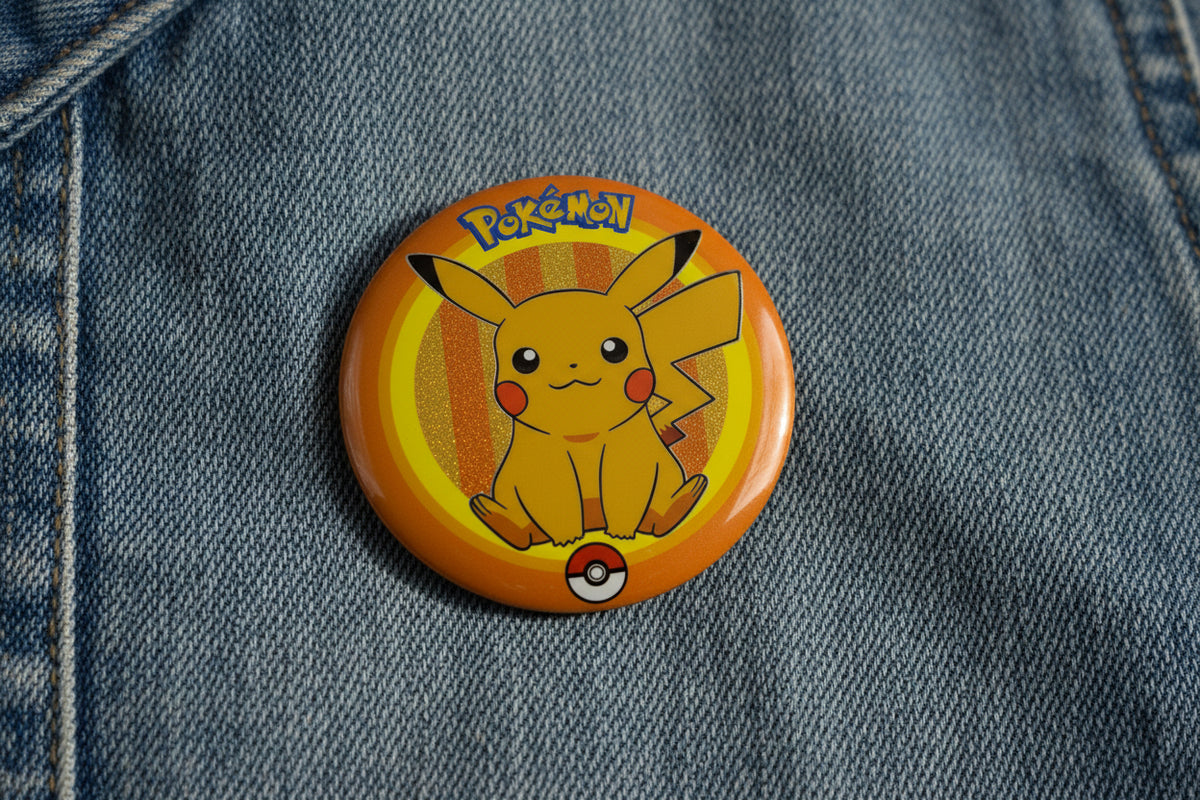 Pokémon Pikachu sitting button pin and matching collectible card set on white background