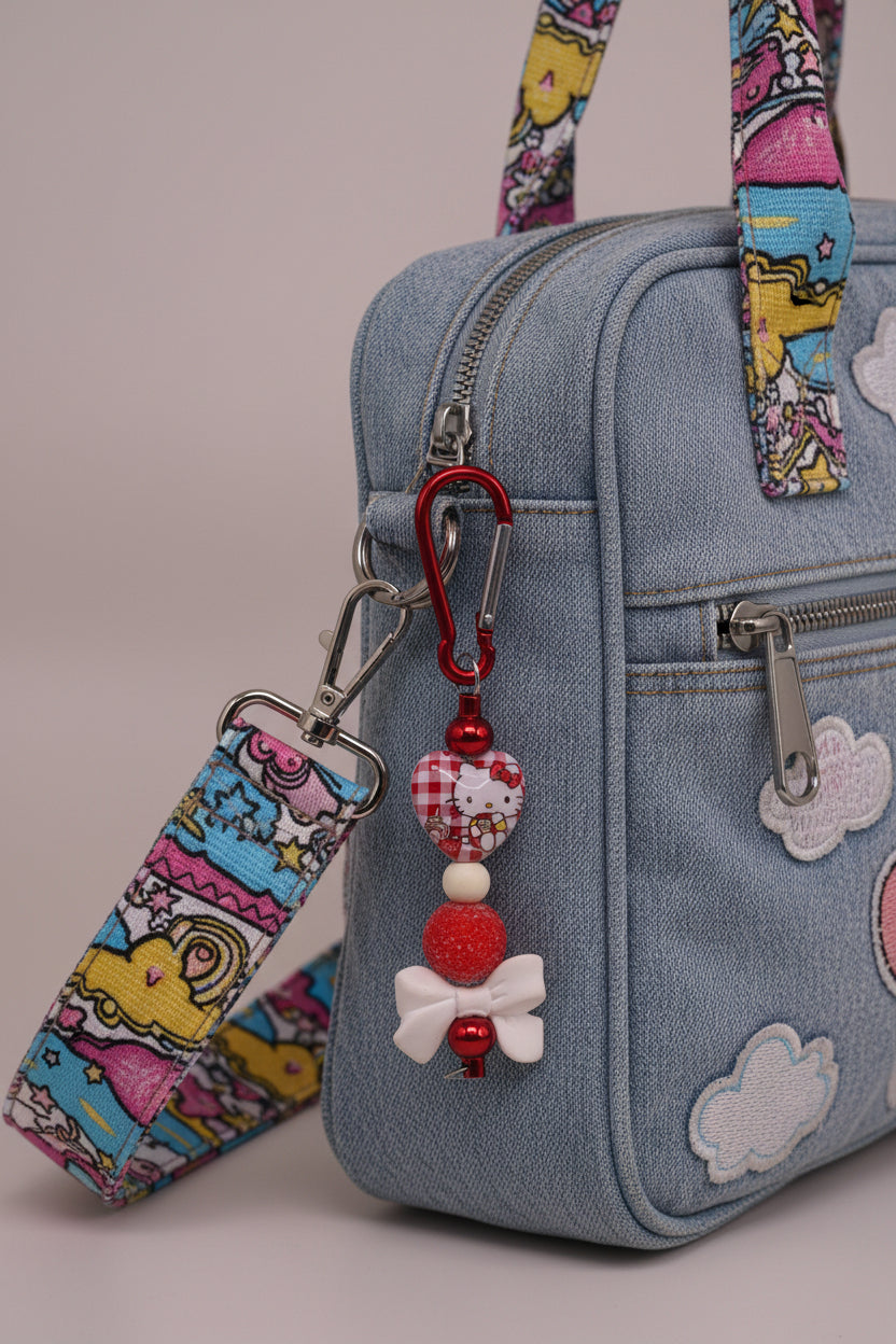 Red gingham Hello Kitty heart bead keychain with white bow charm and red carabiner clip