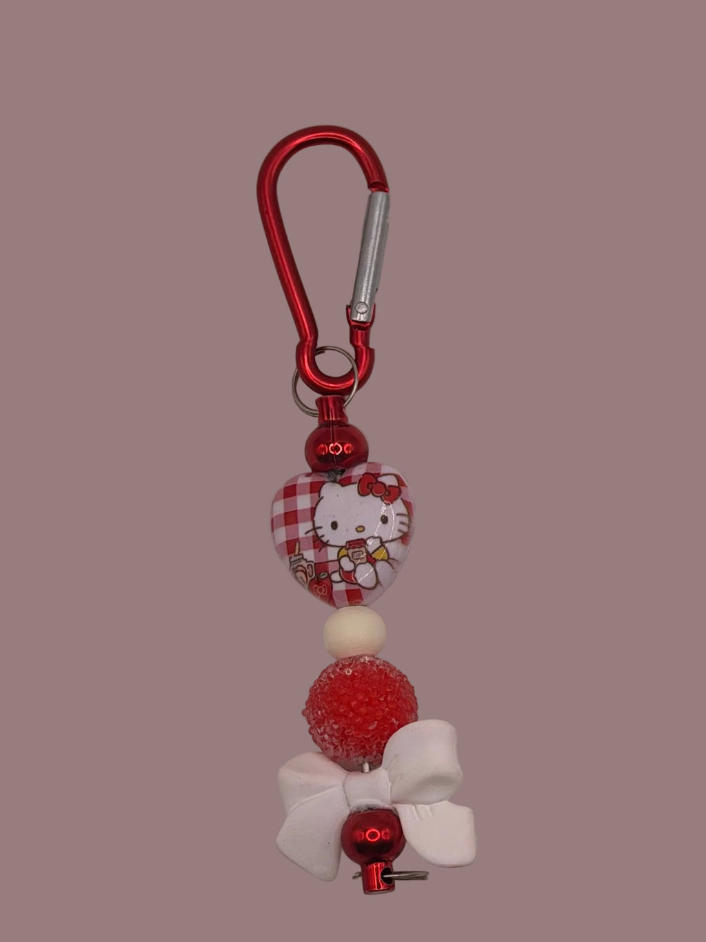 Red Gingham Hello Kitty White Bow Beaded Keychain