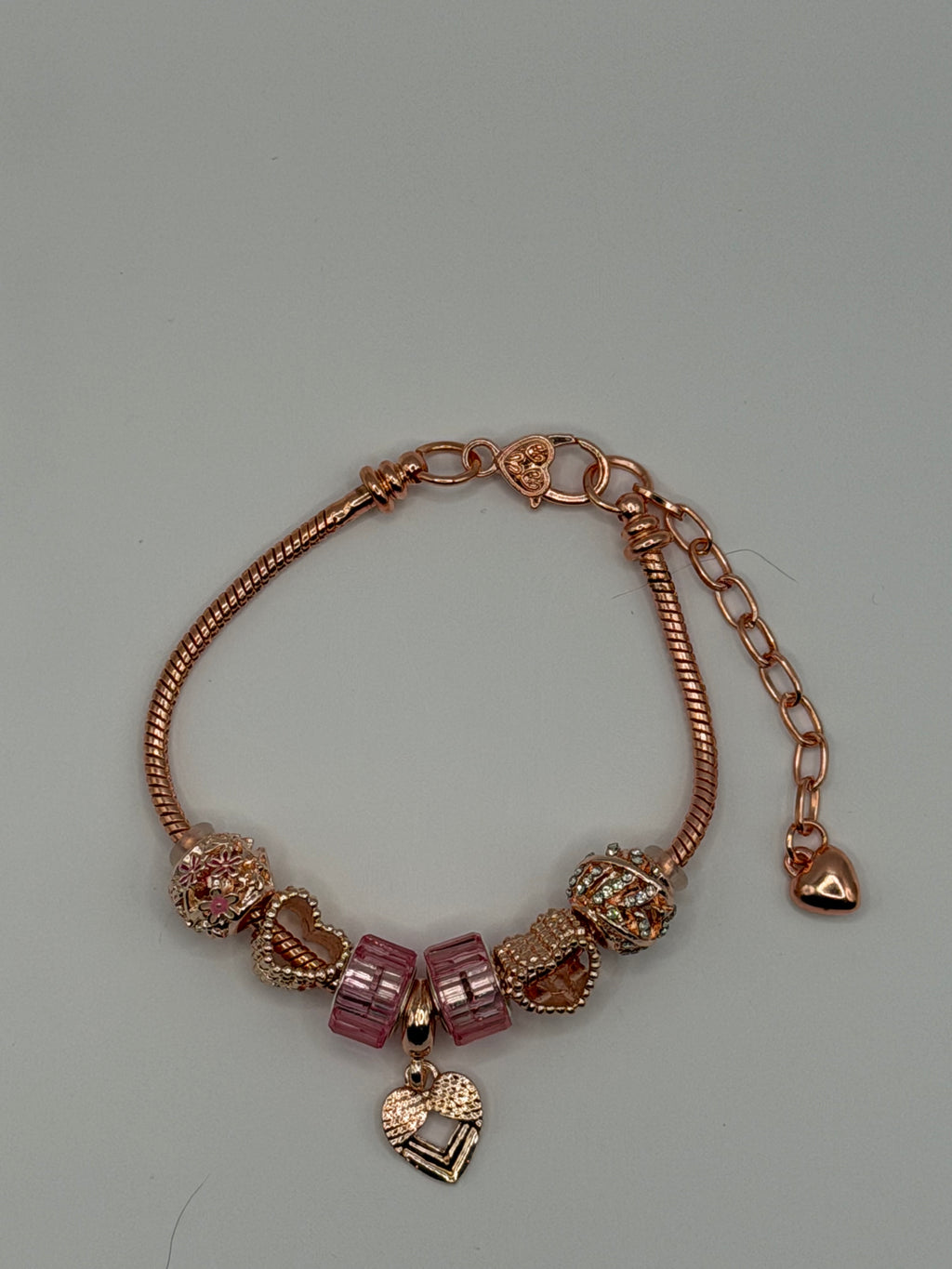 Rose Gold Pink Crystal Heart Charm Bracelet