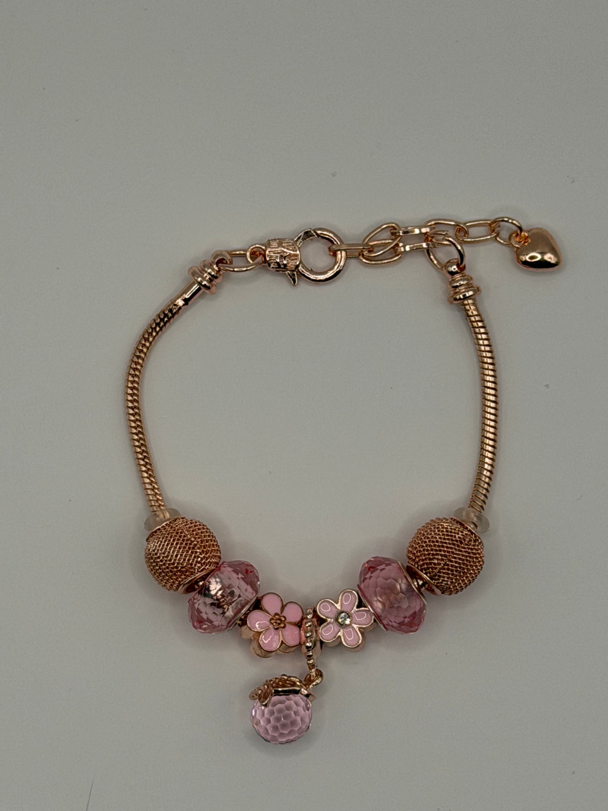 Rose Gold Pink Flower Crystal Charm Bracelet