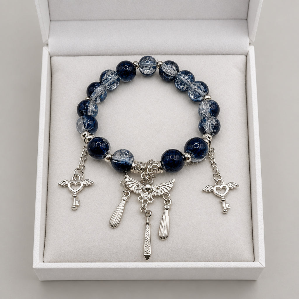 Dark Beaded Stretch Bracelet with Angel Wing & Sword Charms