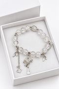 Clear Crackle Glass Stretch Bracelet with Chandelier & Leaf Charms