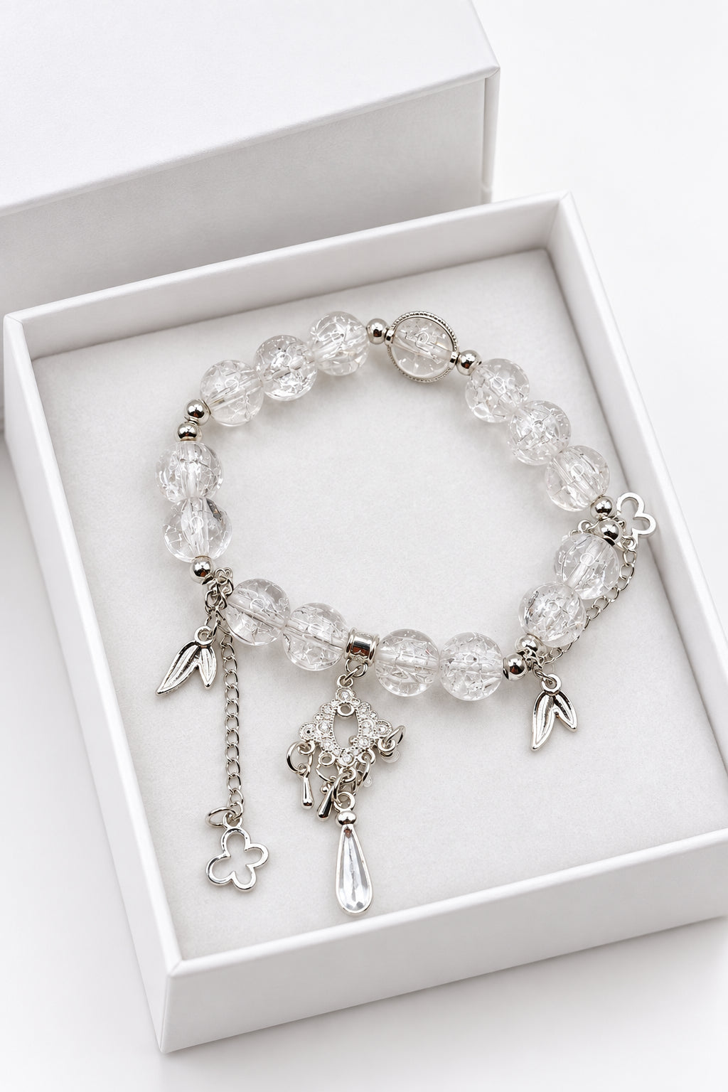 Clear Crackle Glass Stretch Bracelet with Chandelier & Leaf Charms