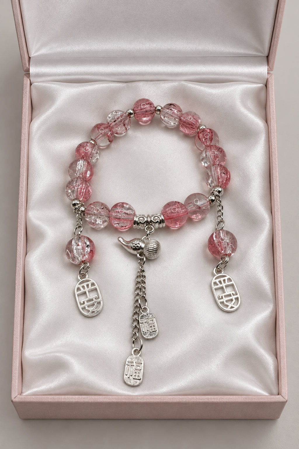 Pink Crackle Glass Stretch Bracelet with Chinese Character Charms