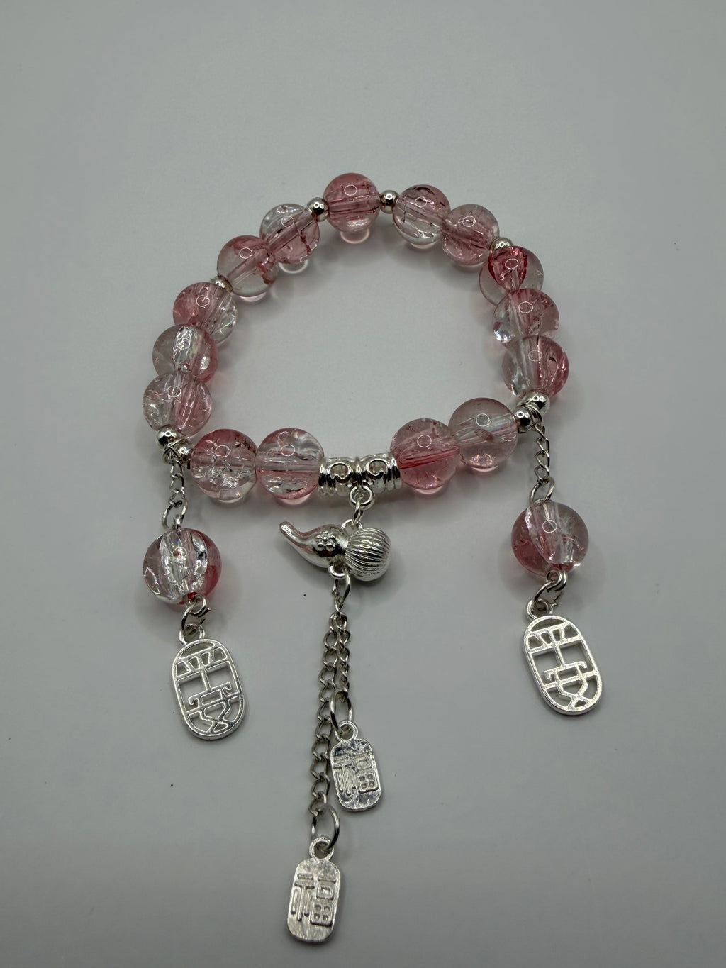 Pink Crackle Glass Stretch Bracelet with Chinese Character Charms