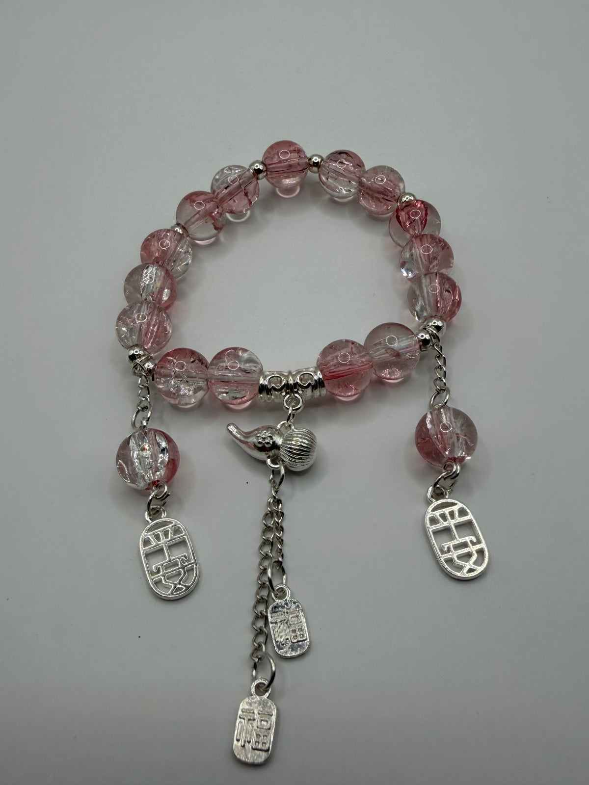 Pink Crackle Glass Stretch Bracelet with Chinese Character Charms