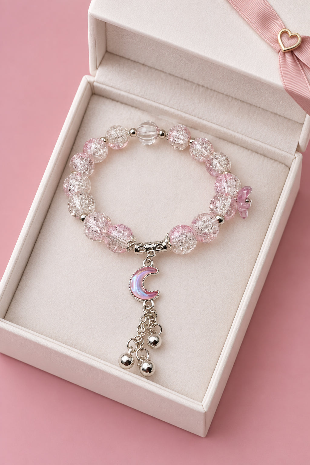Pink Crackle Glass Stretch Bracelet with Moon & Bell Charms