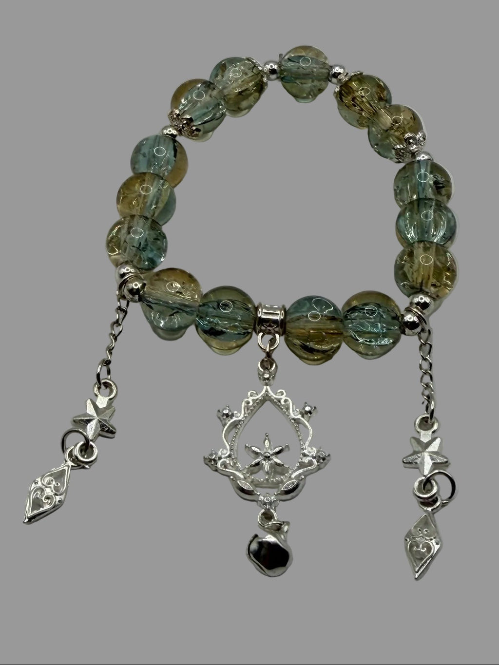 Green Brown Crackle Glass Stretch Bracelet with Star Medallion & Butterfly Charms
