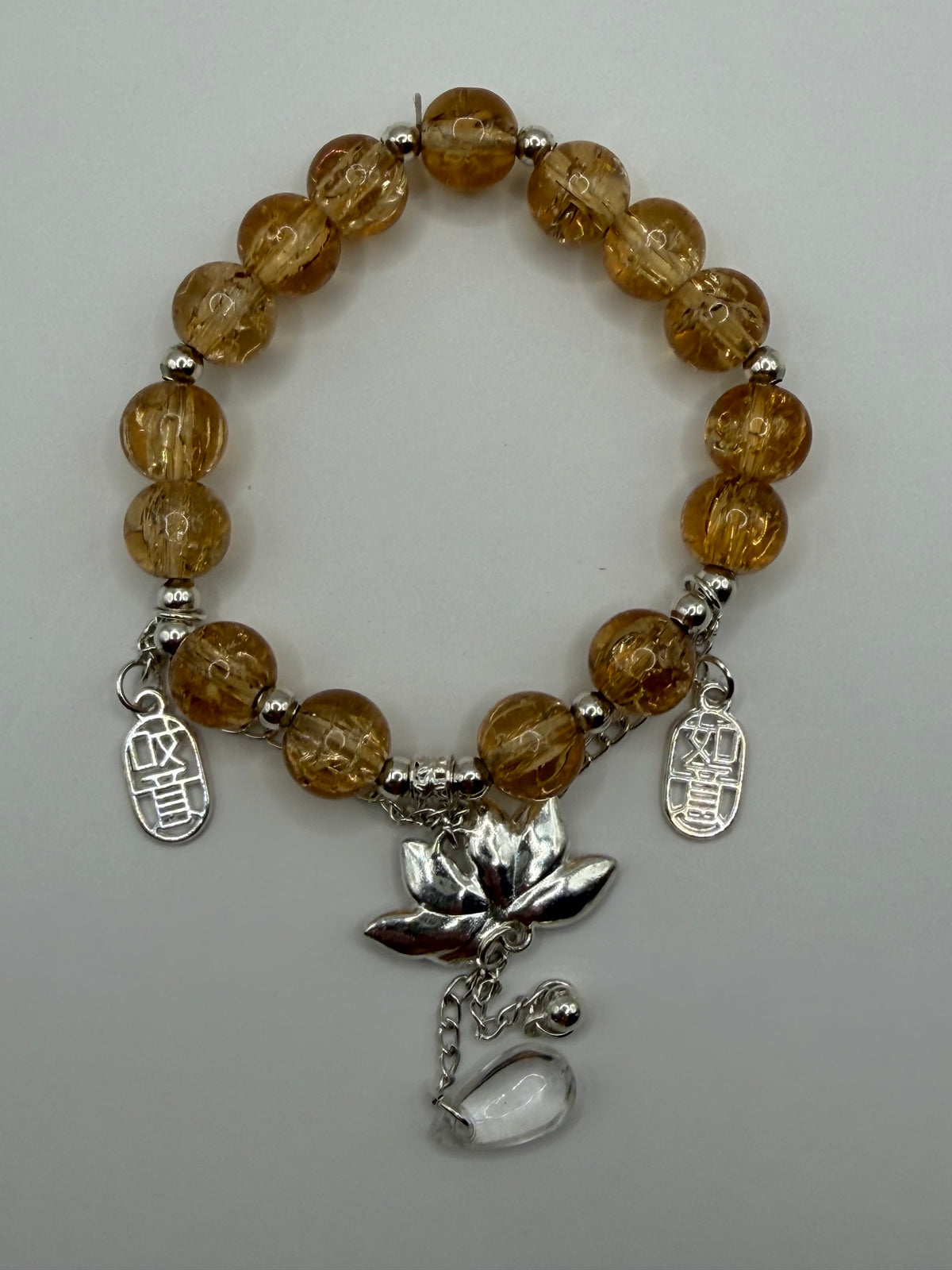 Amber Citrine Stretch Bracelet with Lotus Flower & Chinese Character Charms