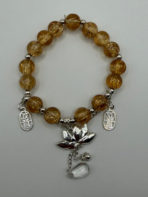 Amber Citrine Stretch Bracelet with Lotus Flower & Chinese Character Charms