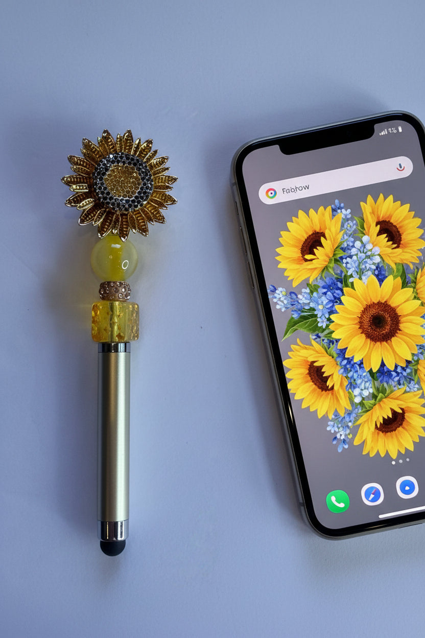 Gold sunflower beaded stylus with yellow jade bead and amber crystal on chrome handle