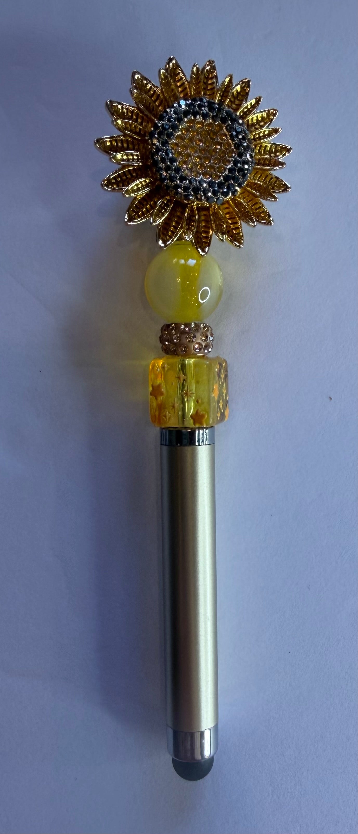 Gold sunflower beaded stylus with yellow jade bead and amber crystal on chrome handle
