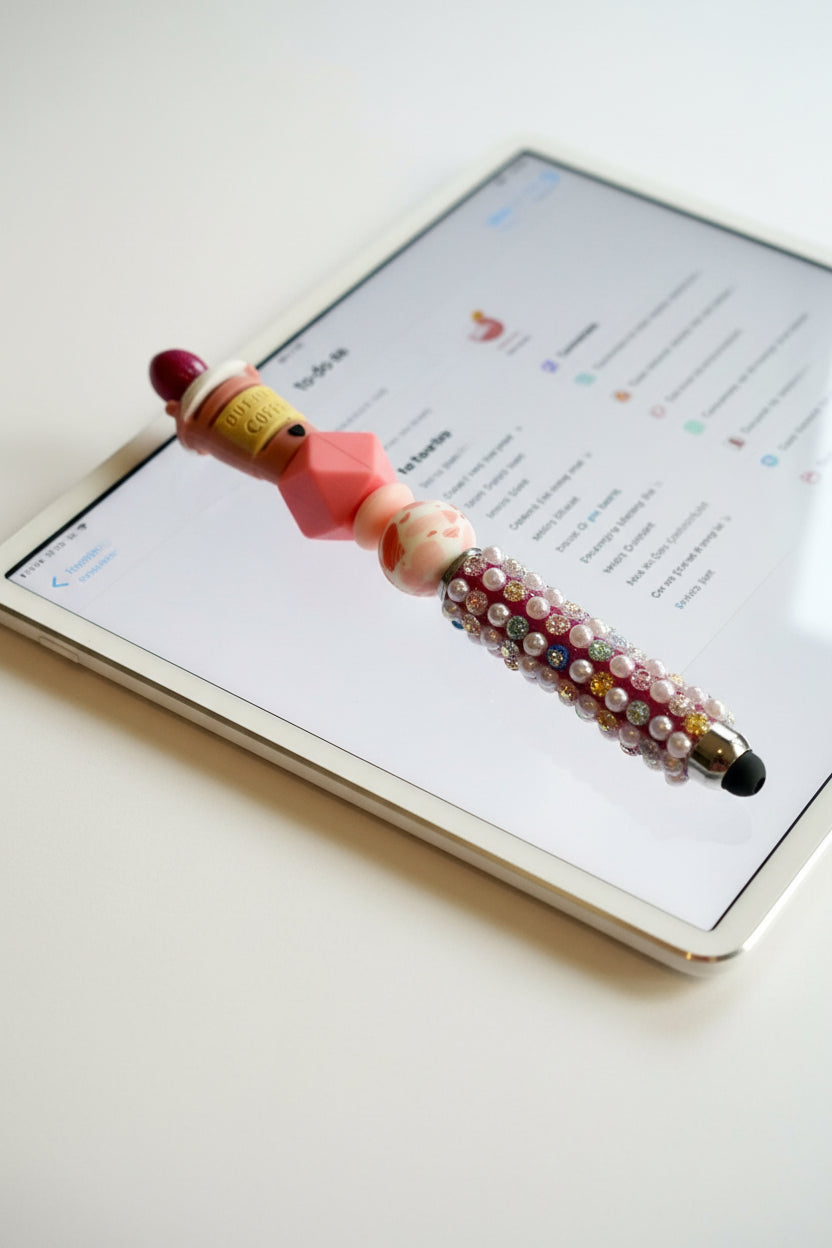 But First Coffee beaded stylus with pink beads and pearl rhinestone encrusted handle
