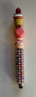 But First Coffee beaded stylus with pink beads and pearl rhinestone encrusted handle